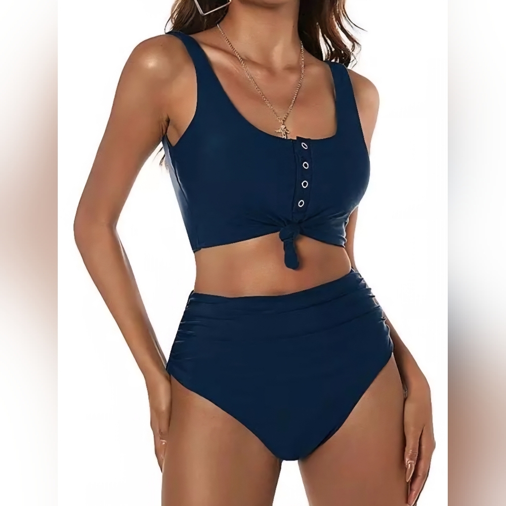 NWOT Zaful Ruched High Waist Snap Top Navy Two-piece Bikini Swimsuit Size XXL